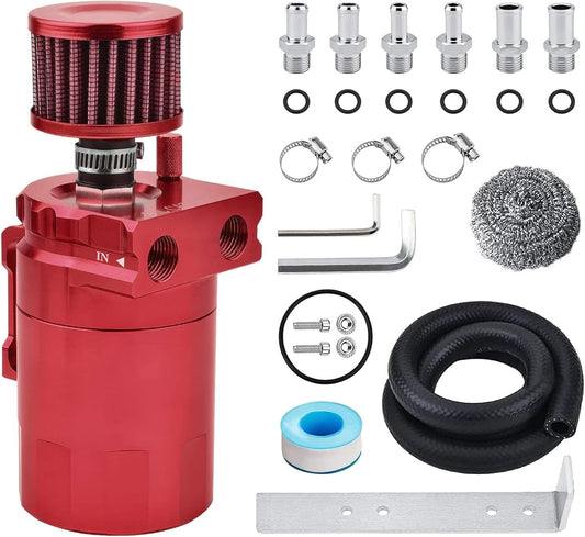 Universal Oil Catch Can Tank Kit with Breather Filter, Aluminum Oil Capture Tank Air Tank with 3/8" Fuel Line,300Ml (Red)