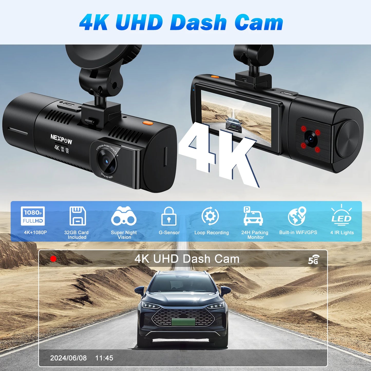 Dash Cam Front and Rear, 4K Full HD Dash Camera with Built-In Wifi GPS, Super Night Vision, WDR, 24H Parking Mode, 32GB Card Included