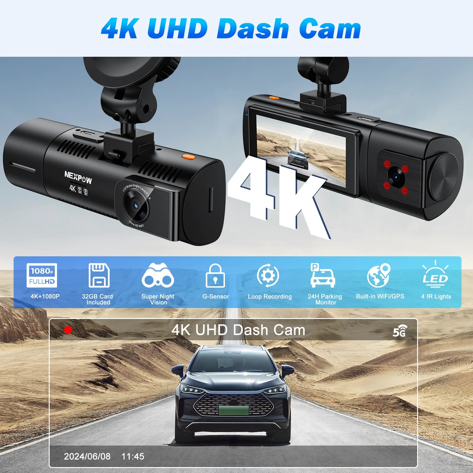 Dash Cam Front and Rear, 4K Full HD Dash Camera with Built-In Wifi GPS, Super Night Vision, WDR, 24H Parking Mode, 32GB Card Included