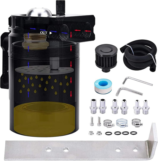 Universal Oil Catch Can Kit with Low Micron Bronze Filter & Larger Removable Baffle,Oil Capture Tank Air Tank with 3/8" Fuel Line, 300Ml(Black)