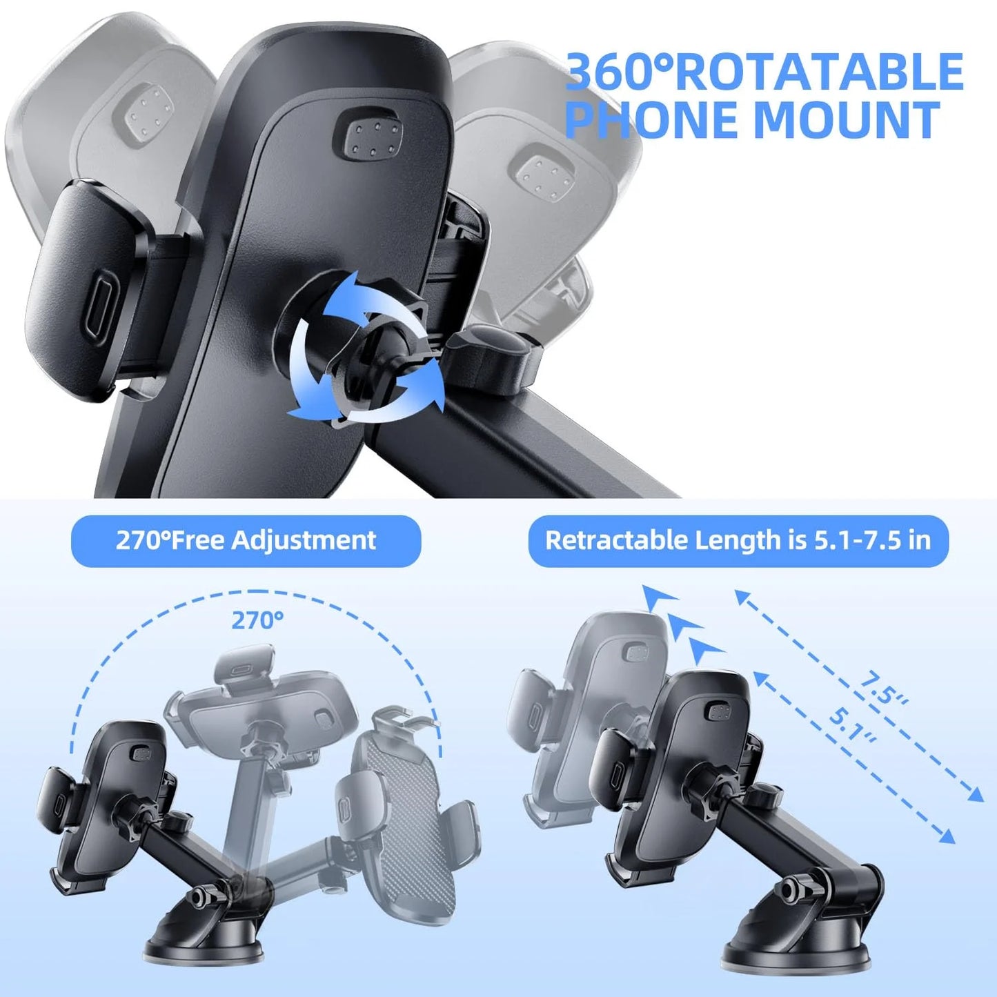 Universal Car Phone Holder Upgraded 360° Rotatable for Dashboard, Windshield & Air Vent Mount for 4.0"-7.0" Phones (Iphone, Google Pixel, Samsung Galaxy, Motorola,Etc)