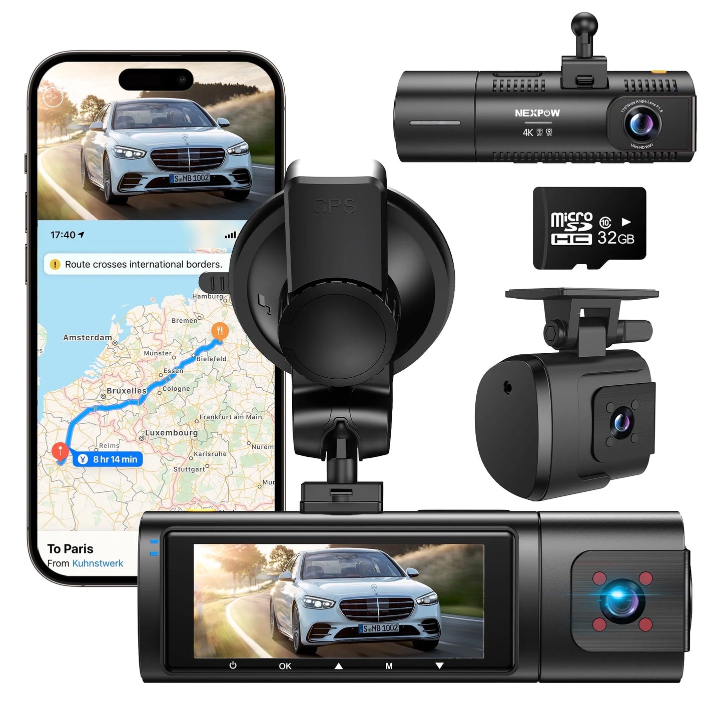 Dash Cam Front and Rear, 4K Full HD Dash Camera with Built-In Wifi GPS, Super Night Vision, WDR, 24H Parking Mode, 32GB Card Included