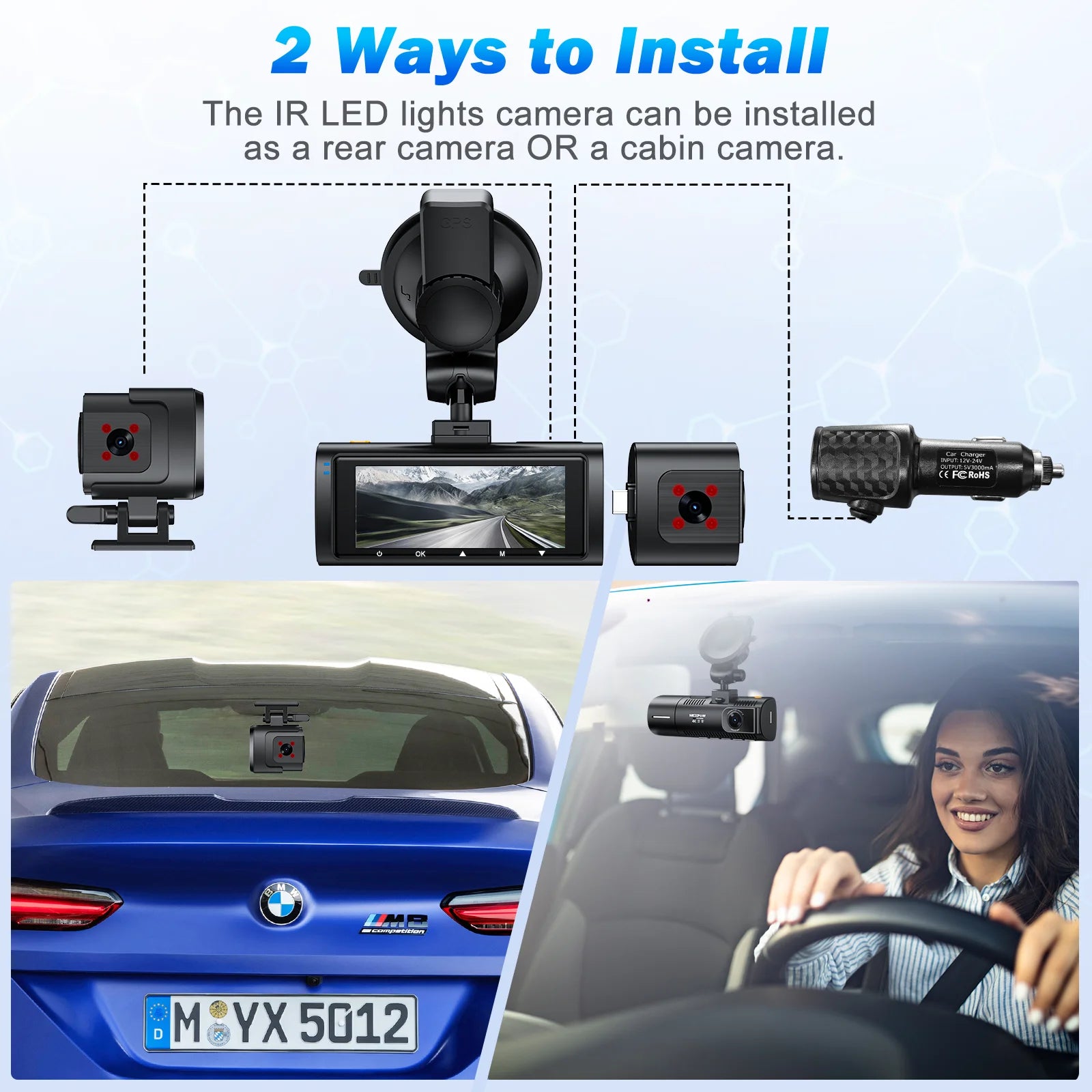 Dash Cam Front and Rear, 4K Full HD Dash Camera with Built-In Wifi GPS, Super Night Vision, WDR, 24H Parking Mode, 32GB Card Included