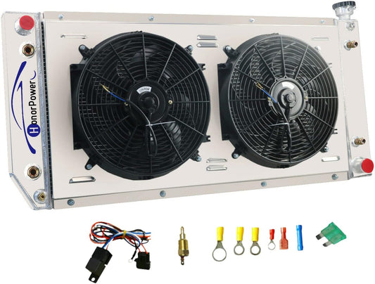 4 Row Radiator for 1988-2000 Chevy GMC C1500 C2500 C3500 K1500 K2500 K3500 Suburban Tahoe Yukon Cadillac Escalade 88 89 90 91 92 93 94 95 96 97 98 99 00 V6 V8, with Shroud Fan & Relay